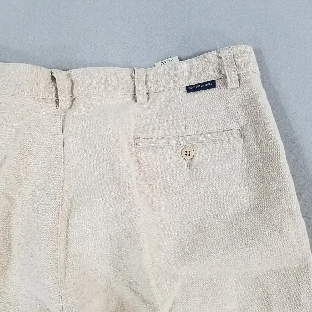 Dockers Pants Mens 40x29 Beige Linen Blend Classic Pleated Casual Dress Trousers